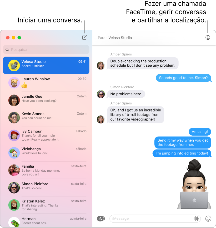 Uma janela de Mensagens a mostrar como iniciar uma conversa e como iniciar uma chamada FaceTime.