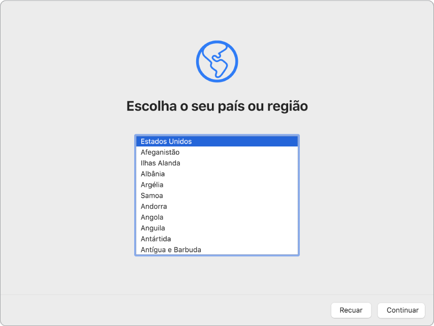 Um ecrã do Mac com o Assistente de Configuração a mostrar o ecrã de boas-vindas.