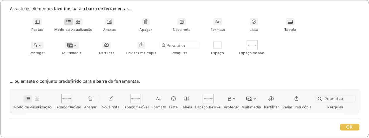 Uma janela da aplicação Notas a mostrar as opções de personalização da barra de ferramentas que estão disponíveis.