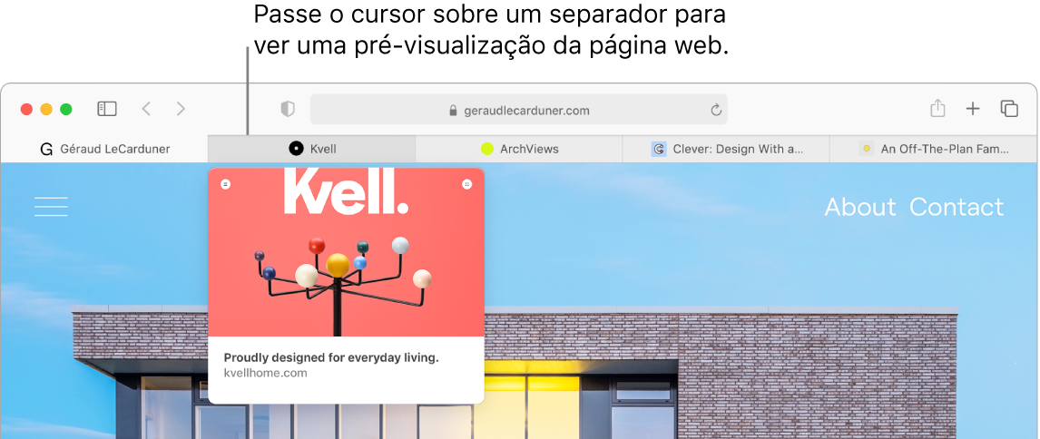 Uma janela do Safari com cinco separadores que apresentam favicons e a etiqueta do separador. Por baixo de um separador está uma janela de pré-visualização do conteúdo desse separador.