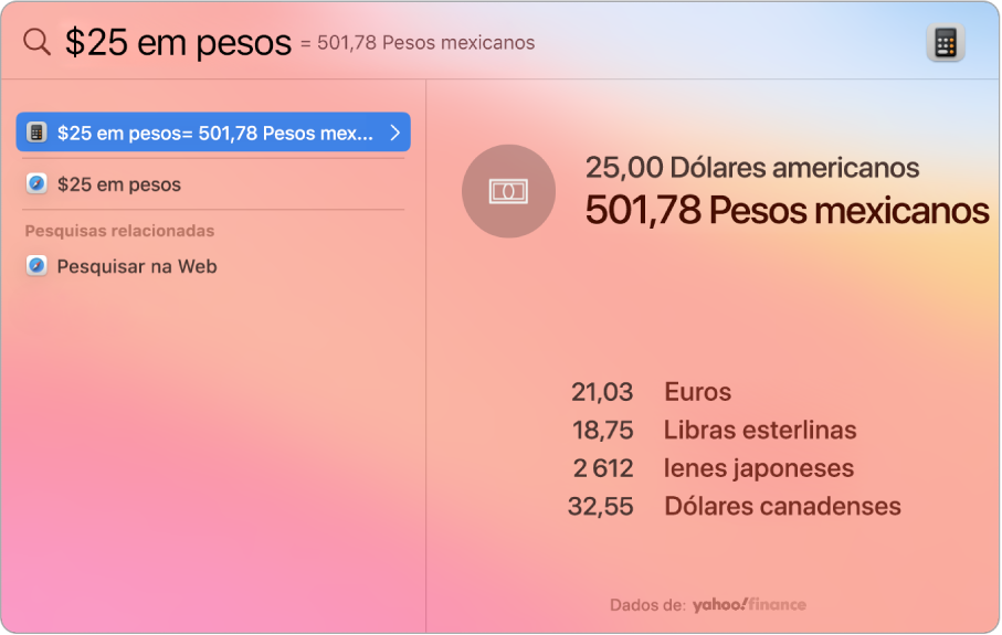 Uma captura de ecrã a mostrar dólares convertidos em pesos com um resultado relevante a mostrar a conversão e vários resultados selecionáveis.