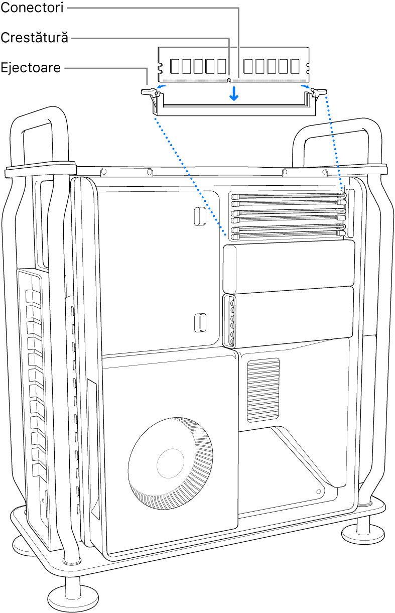 Modulul DIMM este instalat după ce lacătele de pe ejectori s-au închis cu un clic.