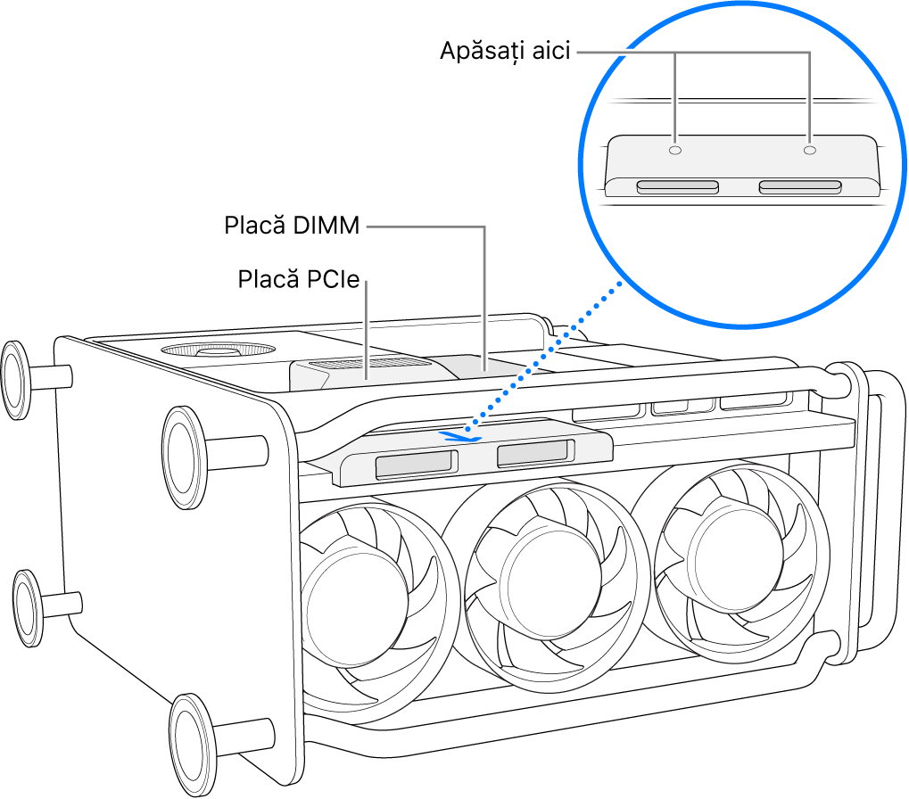 Mac Pro așezat pe o parte și arătând capacele de la DIMM, PCIe și SSD.