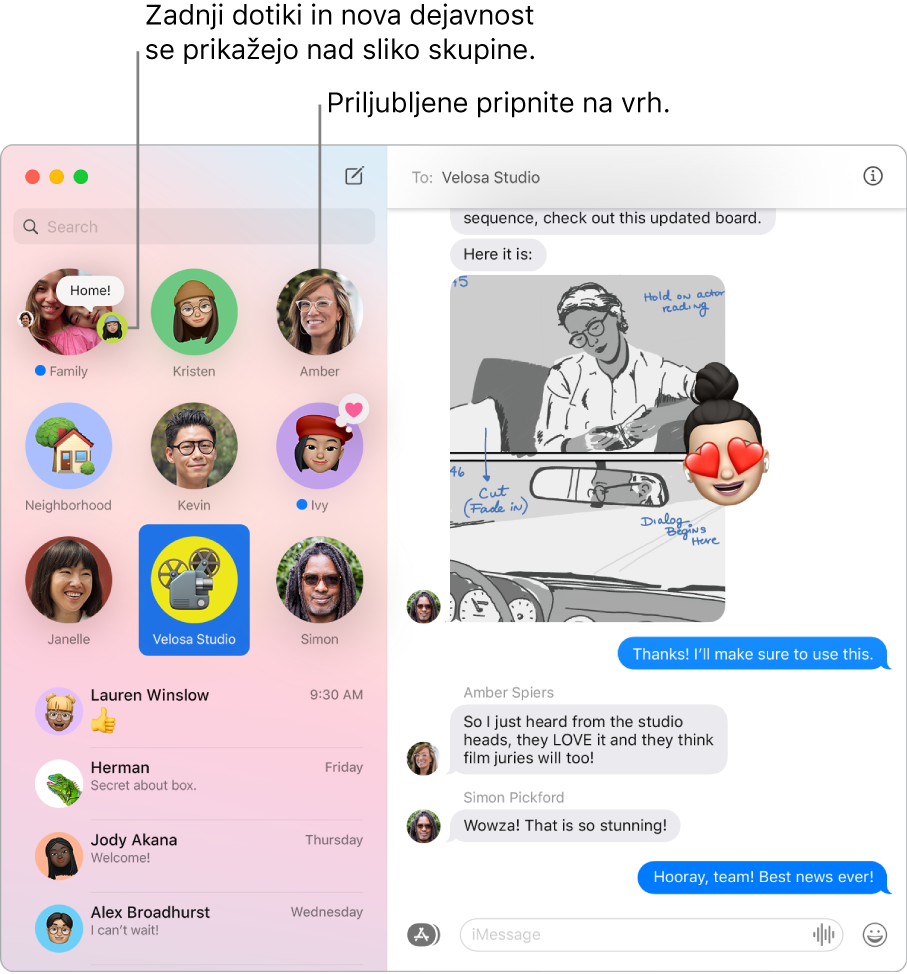 Okno aplikacije Messages s skupinskimi klepeti, pripetimi na vrhu levega stolpca.