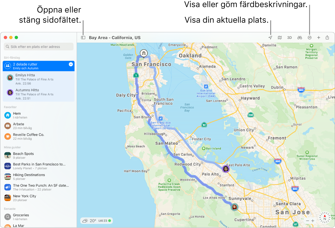 Ett Kartor-fönster som visar hur du får färdbeskrivningar genom att klicka på ett resmål i sidofältet, hur du öppnar eller stänger sidofältet och hur du hittar din nuvarande plats på kartan.