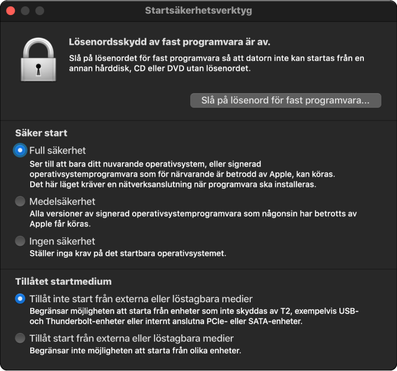 Fönstret Startsäkerhetsverktyg är öppet och kryssrutorna för säker start och extern start är markerade.