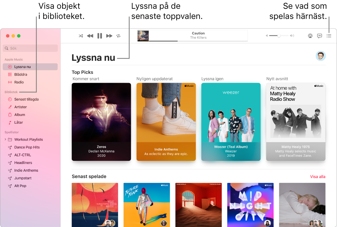 Ett fönster i appen Musik som visar hur du kommer åt ditt bibliotek, lyssnar på Apple Music och ser nästa låt.