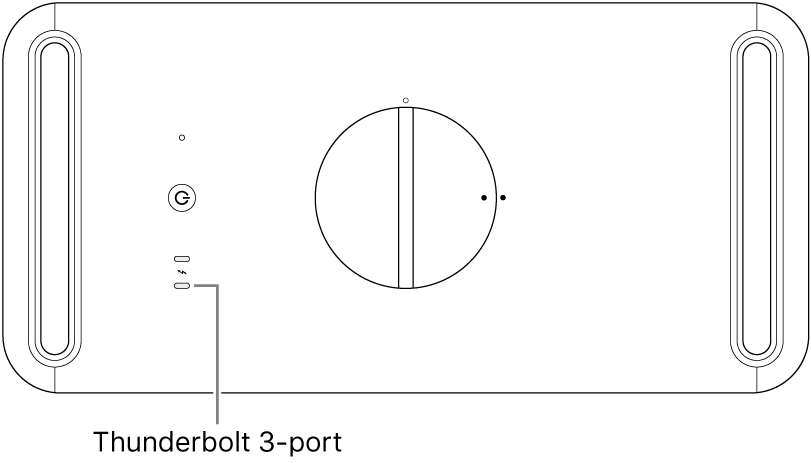 Ovansidan av Mac Pro där det pekas ut vilken Thunderbolt 3-port som ska användas.