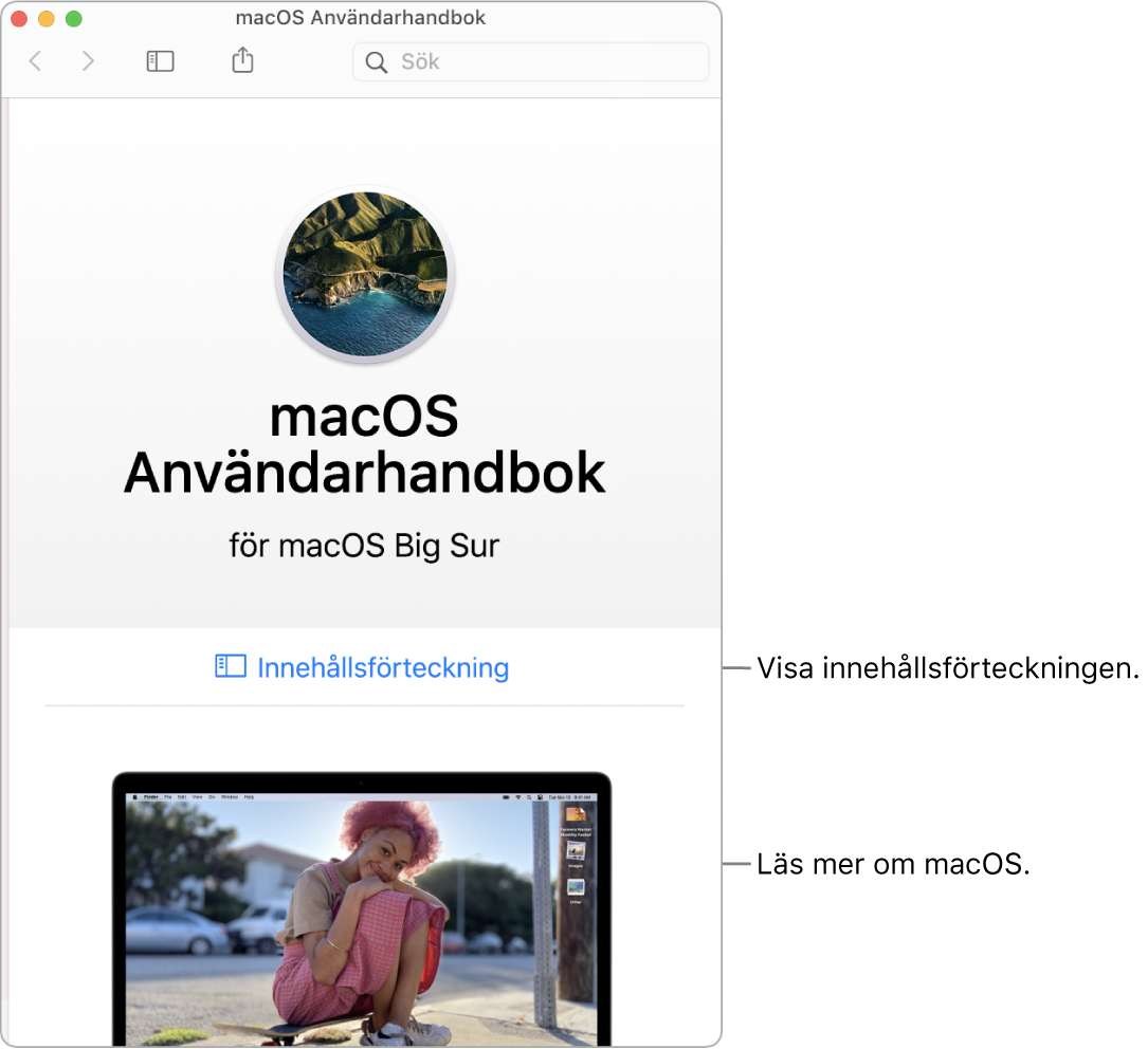 Startsidan i macOS Användarhandbok som innehåller länken till innehållsförteckningen.