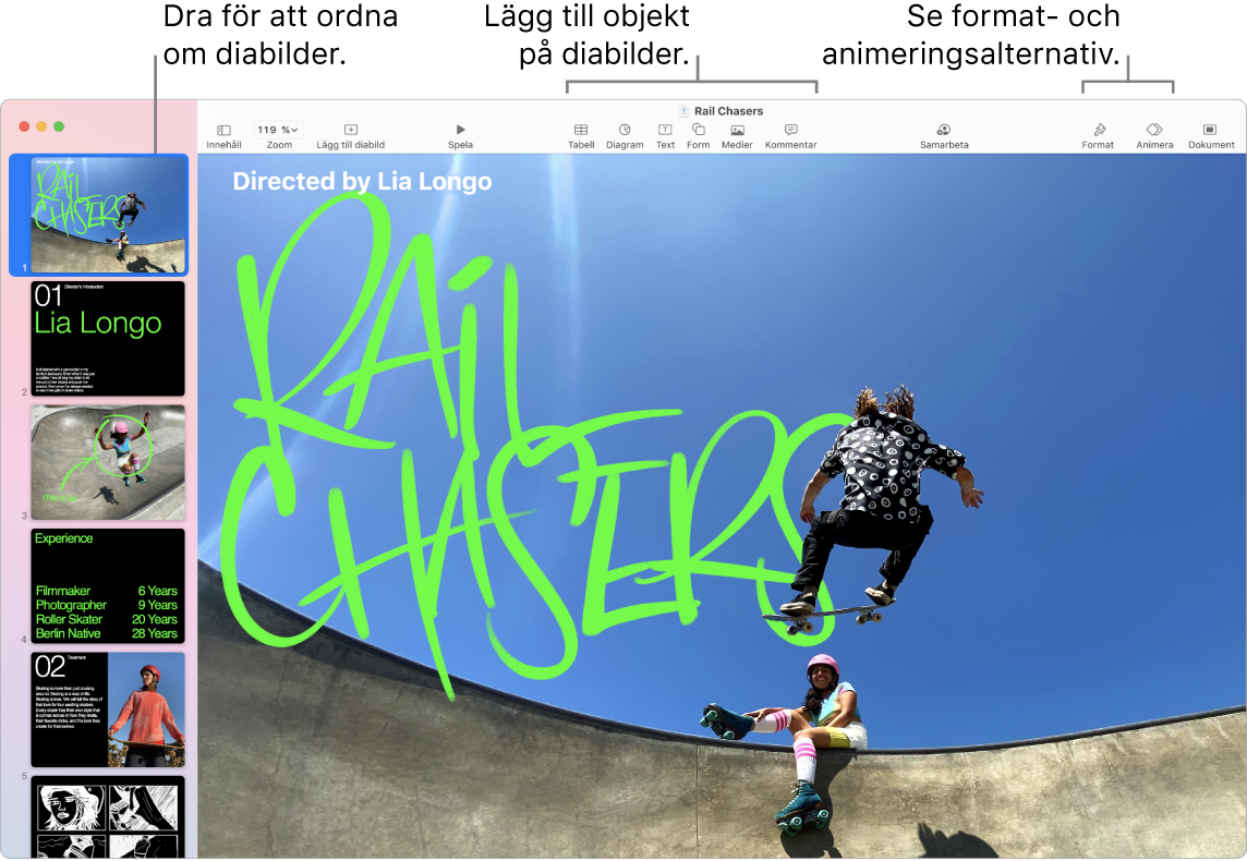 Ett Keynote-fönster som visar diabildsnavigatorn till vänster och hur du ordnar om diabilder, verktygsfältet med redigeringsverktyg överst, samarbetsknappen uppe till höger och knapparna för format, animering och dokument till höger.