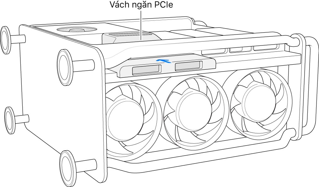 Mac Pro nằm trên mặt bên và đang hiển thị tấm chắn PCIe và nắp đậy SSD.