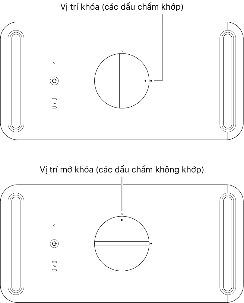 Mặt trên của vỏ máy tính đang minh họa chốt ở các vị trí khóa và mở khóa.