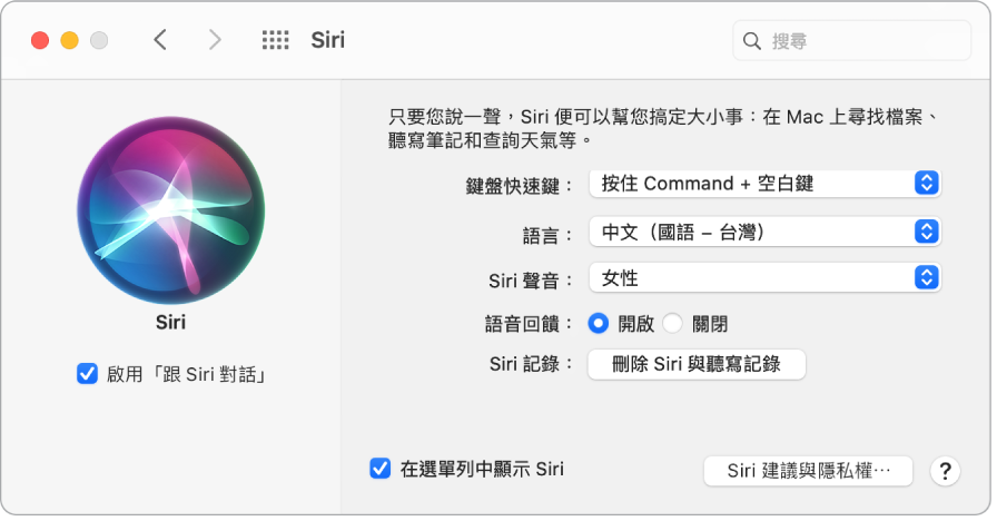 Siri 偏好設定視窗，左側已選擇「啟用跟 Siri 對話」；而右側則是自訂 Siri 的數個選項。