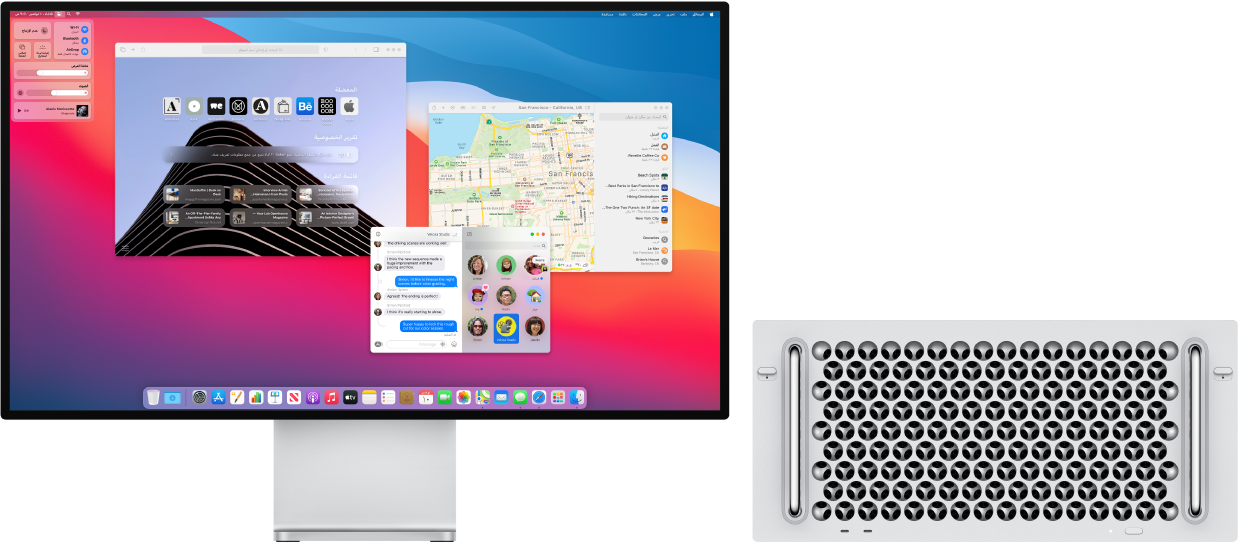 جهاز Mac Pro متصل بشاشة Pro Display XDR، ويعرض مركز التحكم على سطح المكتب بجانب العديد من التطبيقات المفتوحة.