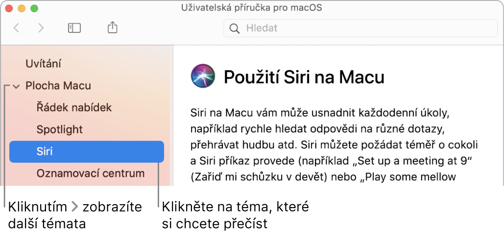 Prohlížeč nápovědy s informacemi o tom, jak zobrazit témata uvedená na bočním panelu a jak otevřít obsah tématu