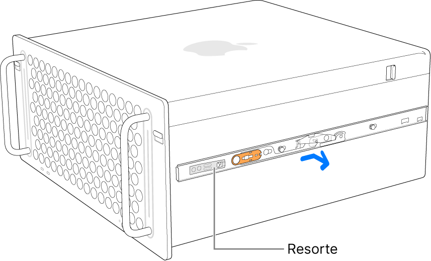 Se está desmontando un riel del lateral del Mac Pro.