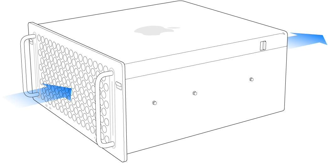 Mac Pro que muestra cómo el aire fluye de delante hacia atrás.