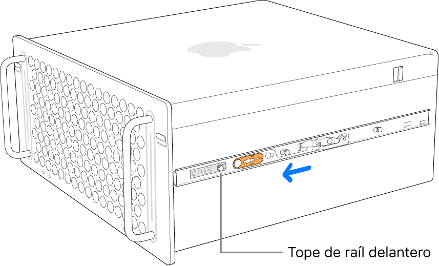 Se está deslizando hacia delante el riel del Mac Pro, que queda fijado en su sitio.