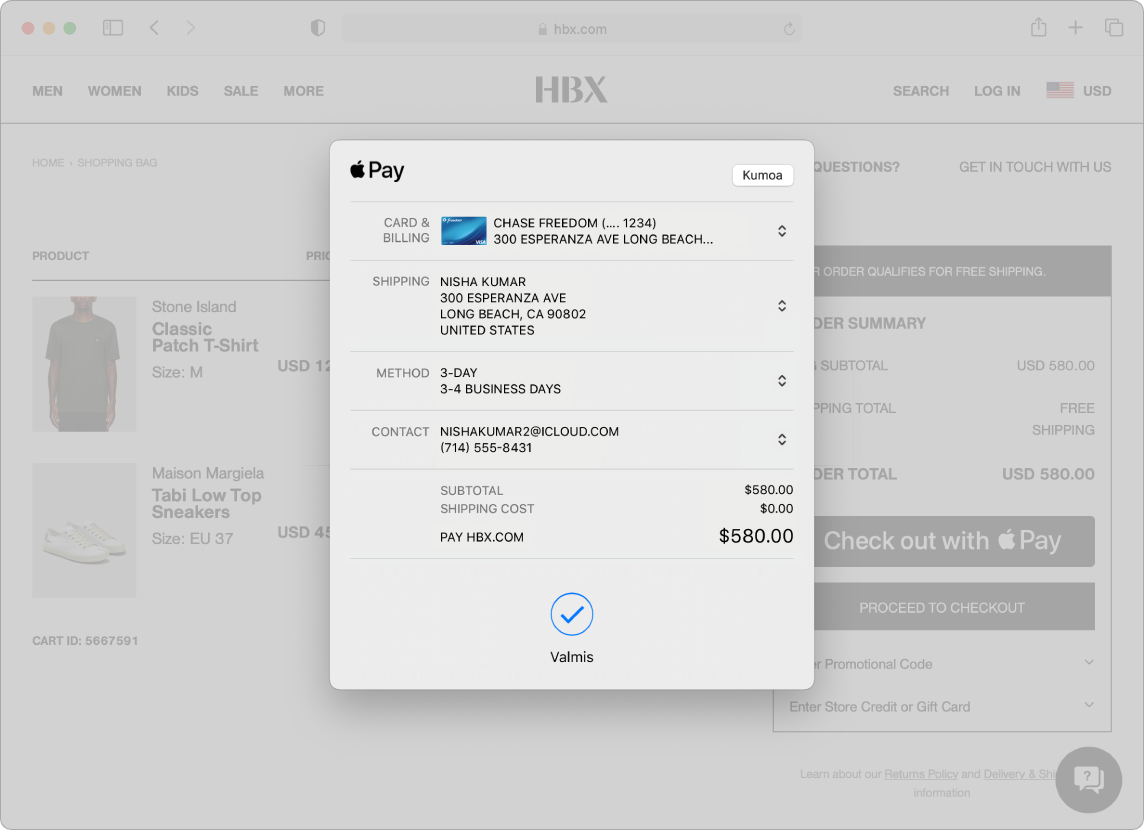 Macin näyttö verkko-ostoprosessista Apple Pay -vaihtoehdolla Safarissa.