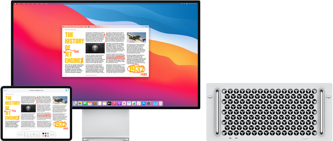 Mac Pro i iPad jedan do drugog. Oba zaslona prikazuju članak prekriven nažvrljanim crvenim uređivanjima poput prekriženih rečenica, strelica i dodanih riječi. iPad također ima kontrole za označavanje pri dnu zaslona.