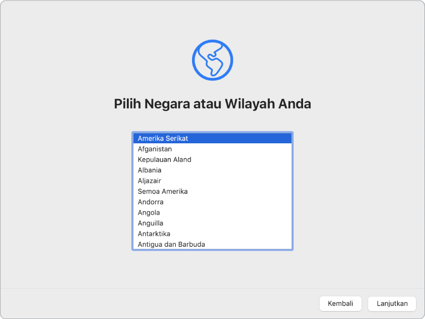 Layar Mac dengan Asisten Pengaturan terbuka ke layar Selamat Datang.