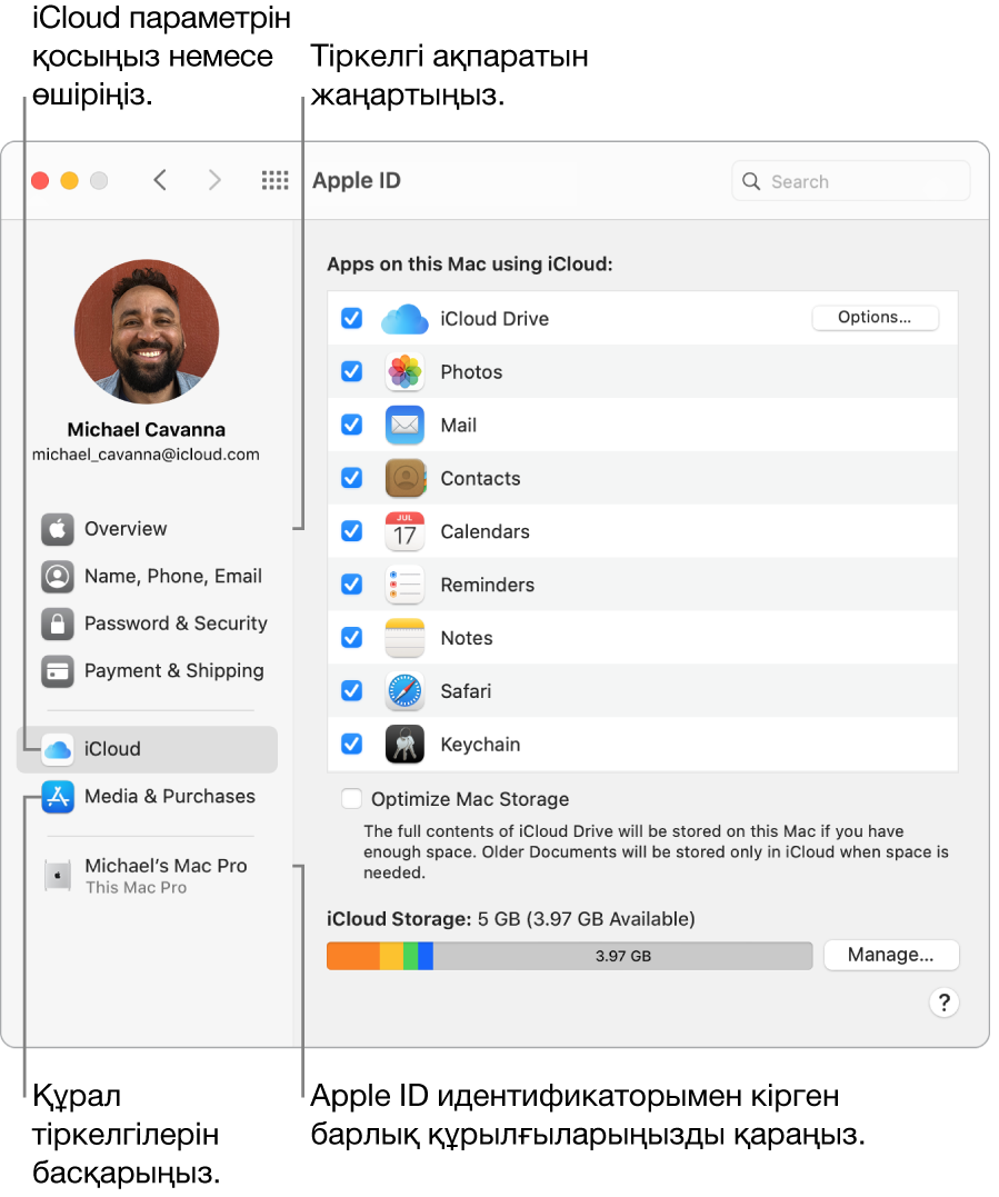 System Preferences терезесіндегі Apple ID тақтасы. Бүйірлік жолақтағы элементті тіркелгі ақпаратыңызды жаңарту, iCloud параметрін қосу немесе өшіру және Apple ID идентификаторыңызбен кірген барлық құрылғыларды көру үшін басыңыз.