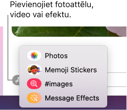 Izvēlne Apps ar attēlu rādīšanas, Memoji uzlīmju, GIF attēlu un ziņojumu efektu opcijām.