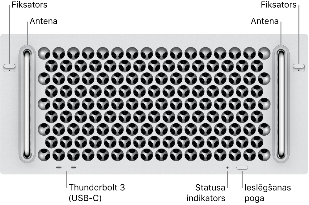 Skats uz Mac Pro priekšpusi; redzami divi Thunderbolt 3 (USB-C) porti, sistēmas indikatora gaismiņa, ieslēgšanas poga un antena.