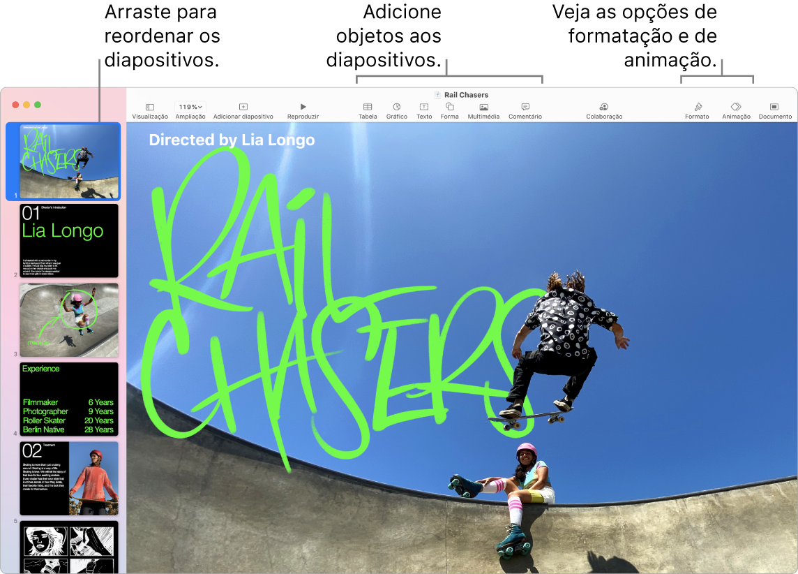 Uma janela do Keynote a mostrar o navegador de diapositivos à esquerda e como reordenar diapositivos, a barra de ferramentas e as respetivas ferramentas de edição na parte superior, o botão Colaborar na parte superior direita e os botões Formato, Animação e Documento à direita.