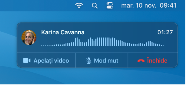 O parte a unui ecran de Mac afișând fereastra de notificare a apelului.