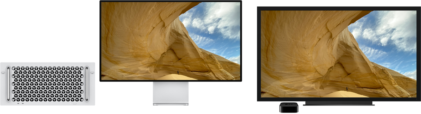 Un Mac Pro având conținutul oglindit pe un televizor HD de mari dimensiuni utilizând un Apple TV.