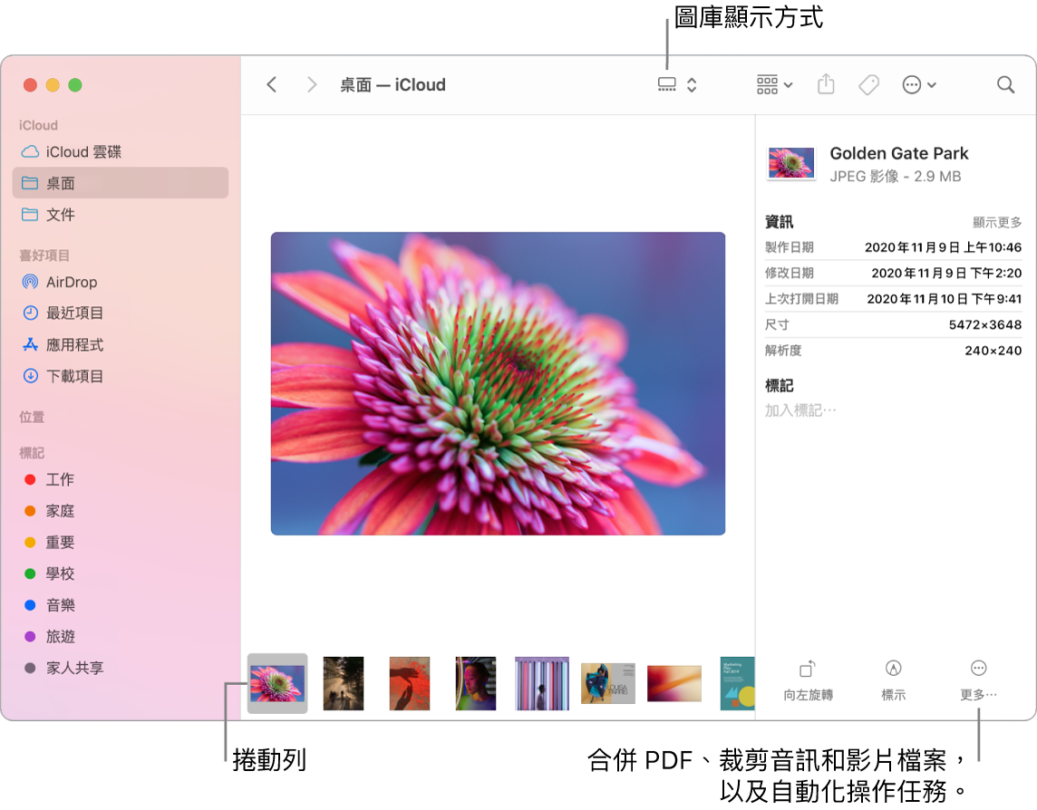 以「圖庫顯示方式」開啟的 Finder 視窗，顯示一張大型照片，下方是一列小照片（即捲動列）。旋轉、標示等功能的控制項目位於捲動列右方。