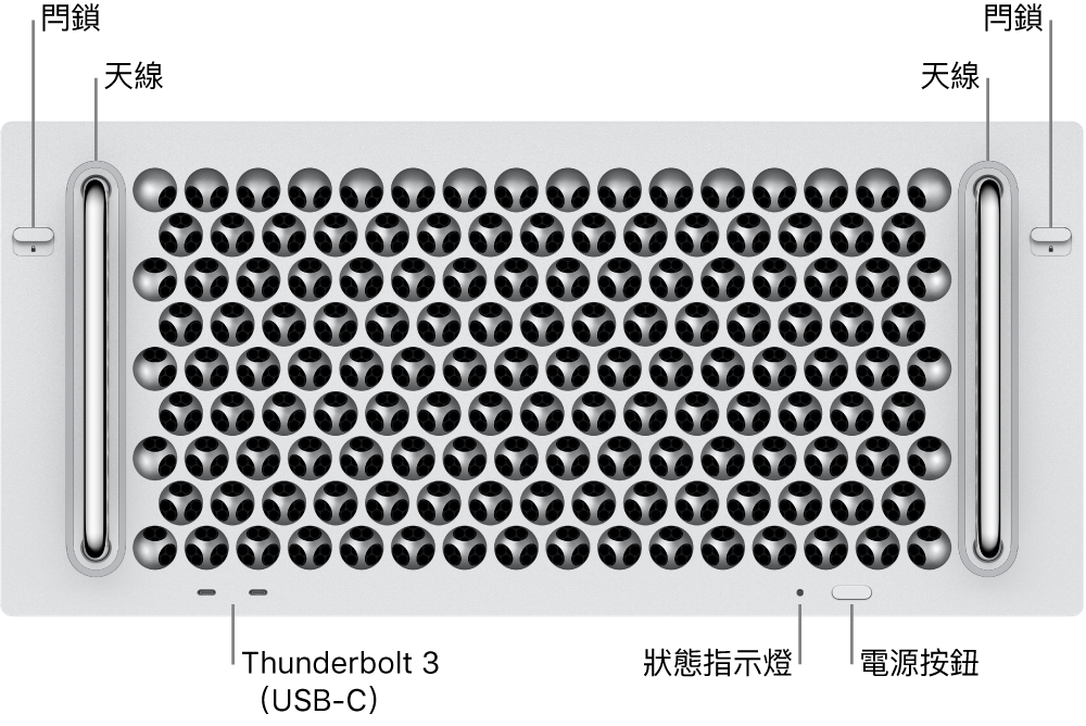 Mac Pro 正面顯示兩個 Thunderbolt 3（USB-C）埠、系統指示燈，電源按鈕和天線。