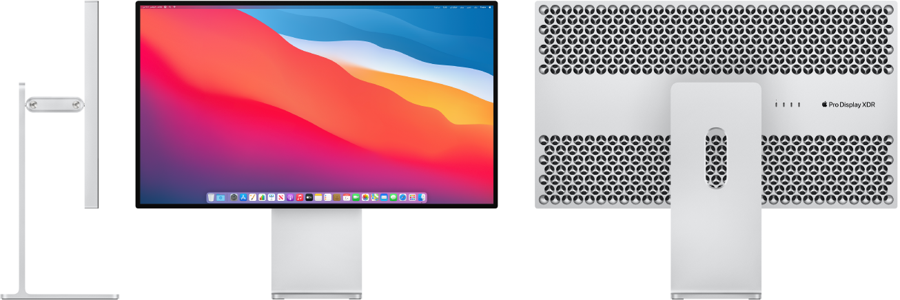 منظر جانبي ومنظر أمامي ومنظر خلفي لشاشة Pro Display XDR على حامل Pro Stand.