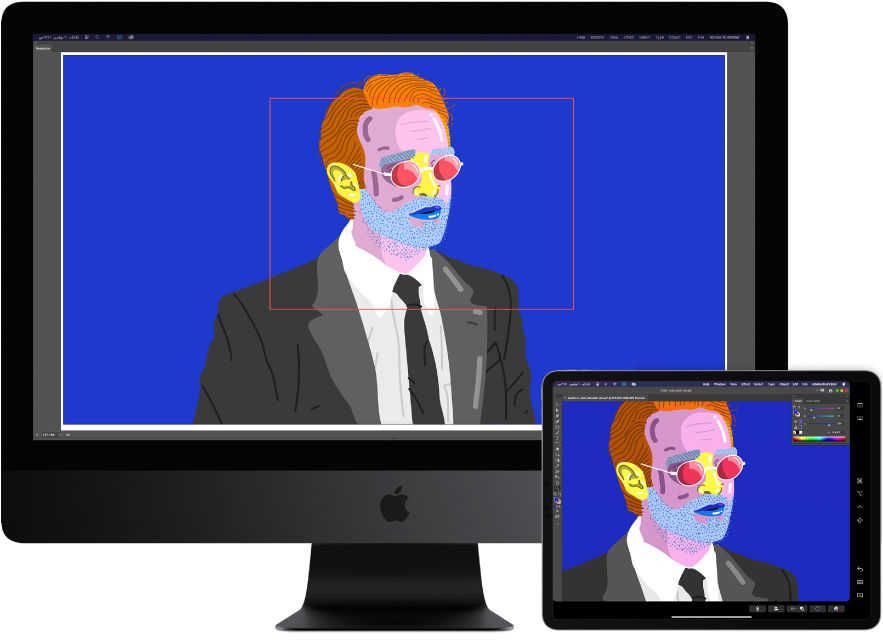 كمبيوتر iMac Pro وجهاز iPad جنبًا إلى جنب. يعرض الـ iMac Pro عملاً فنيًا داخل نافذة المتصفح في Illustrator. يعرض الـ iPad نفس العمل الفني في نافذة مستند في Illustrator، محاطًا بأشرطة أدوات.