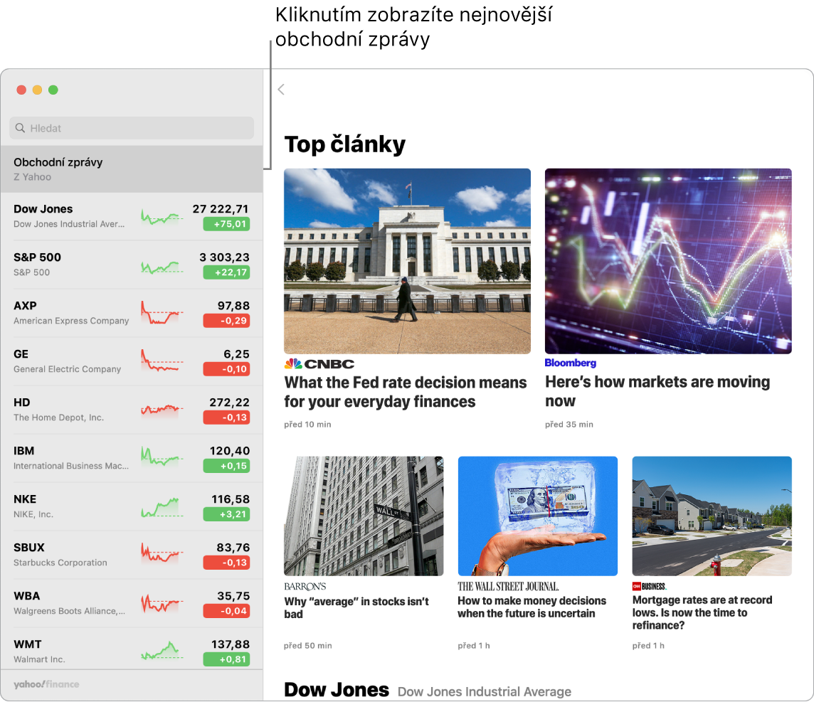 Přehled akcií s tržními cenami v seznamu sledování a se souvisejícími top články