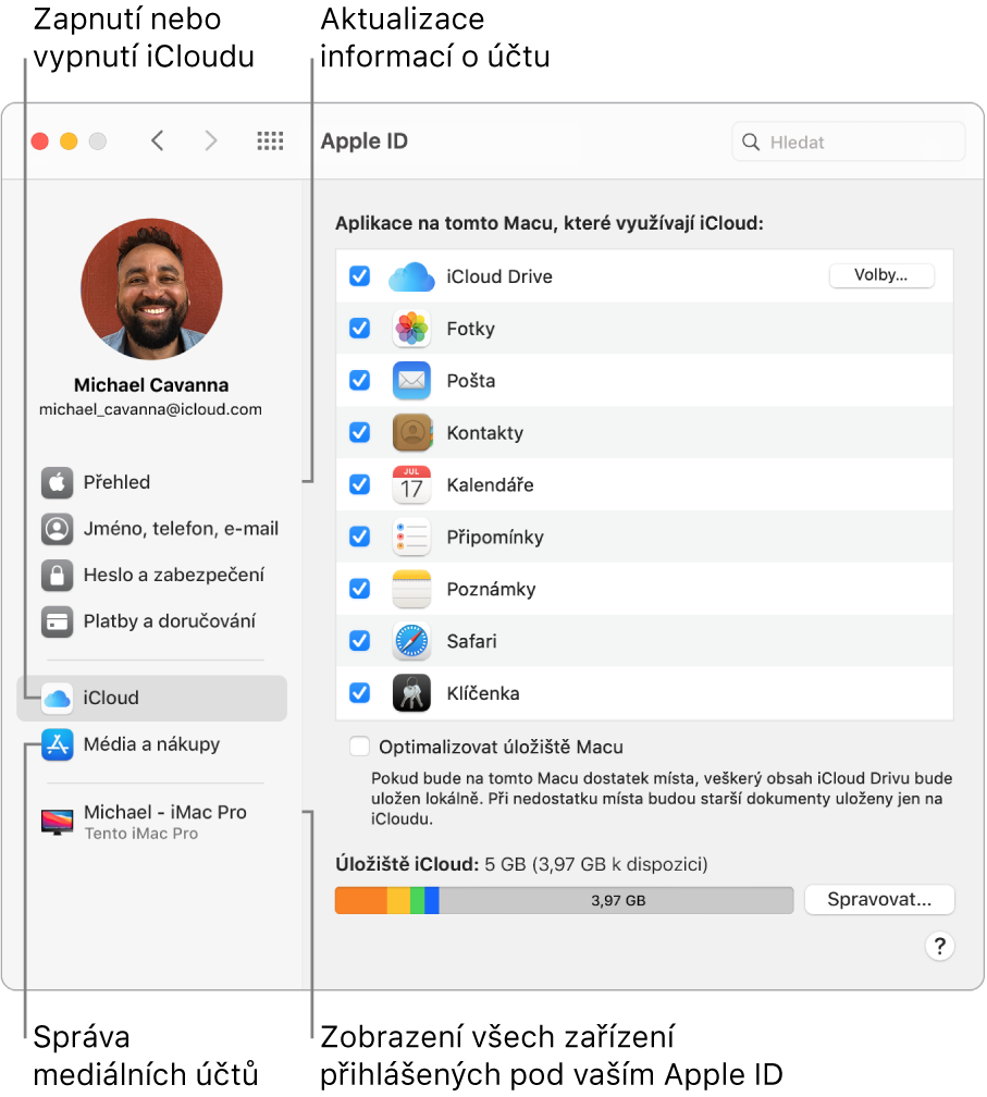 Panel Apple ID v Předvolbách systému. Po kliknutí na různé položky na bočním panelu můžete aktualizovat údaje o svém účtu, zapnout nebo vypnout iCloud, spravovat mediální účty nebo zobrazit všechna zařízení přihlášená pod vaším Apple ID.