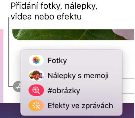 Nabídka Aplikace s volbami pro zobrazení fotek, nálepek s memoji, GIFů a efektů ve zprávách.