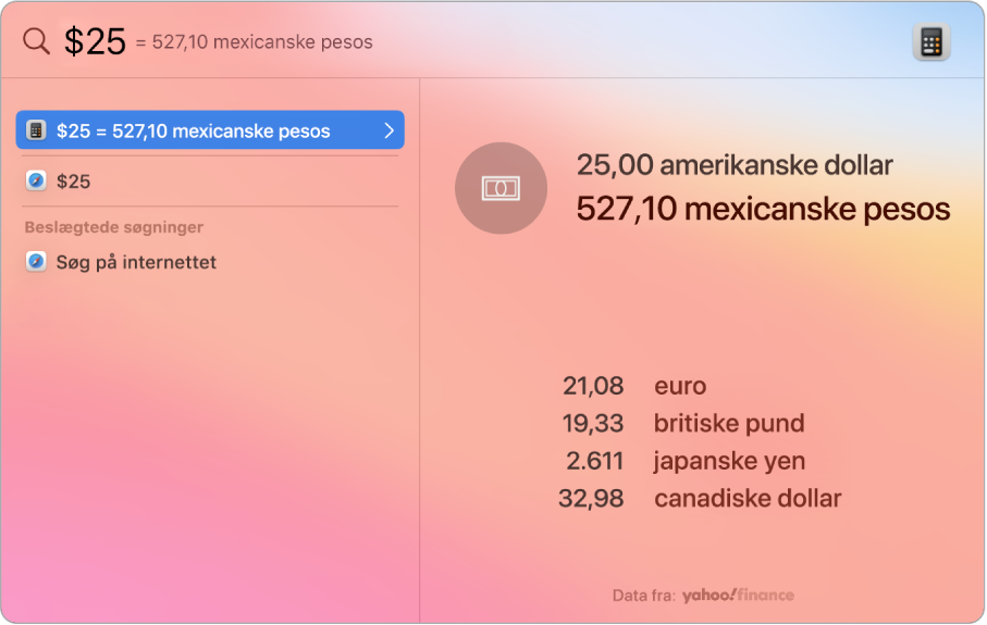 Et skærmbillede, der viser omregning fra dollar til peso, hvor omregningen vises øverst og derunder flere andre muligheder, du kan vælge.