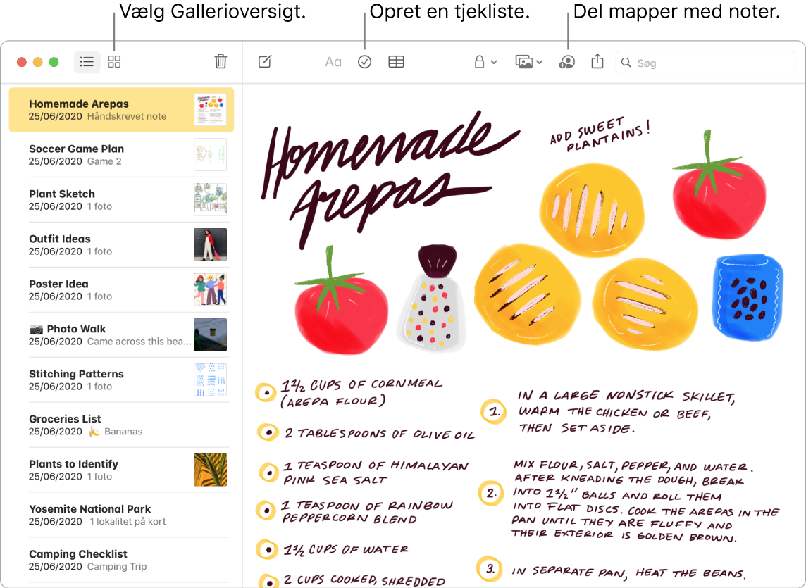 Et vindue i gallerioversigt i Noter med billedtekster til knapperne Gallerioversigt, Tjekliste og Del mappe.
