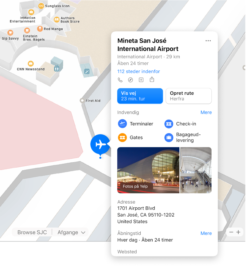 Et indendørskort til en lufthavn sammen med oplysninger om lufthavnen, inklusive vejvisning, restauranter, butikker m.m.