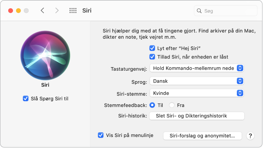 Vinduet med Siri-indstillinger med Slå Spørg Siri til valgt til venstre og flere muligheder til tilpasning af Siri til højre, herunder “Lyt efter ‘Hej Siri’”.