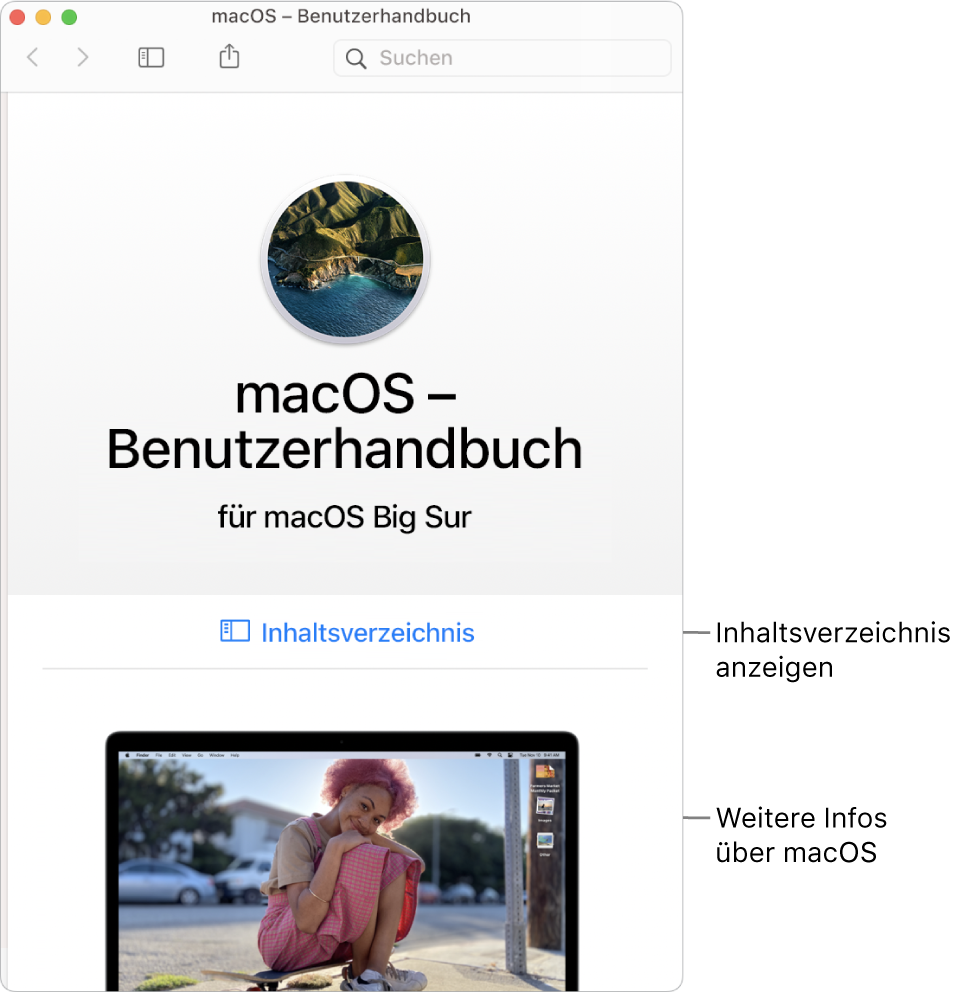 Die Startseite des macOS – Benutzerhandbuchs mit dem Link zum Inhaltsverzeichnis