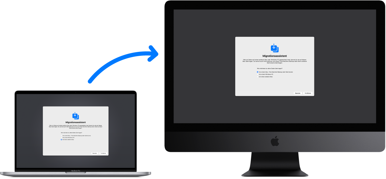 Ein MacBook (alter Computer) mit dem Fenster des Migrationsassistenten, der mit einem iMac Pro (neuer Computer) verbunden ist, auf dem ebenfalls der Migrationsassistent angezeigt wird.