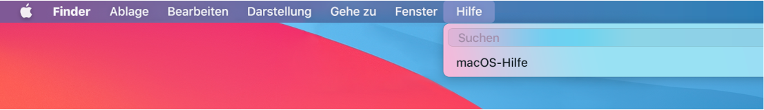 Ein Ausschnitt des Schreibtisch mit dem geöffneten Menü „Hilfe“, in dem die Menüoptionen für die Suche und die macOS-Hilfe zu sehen sind.