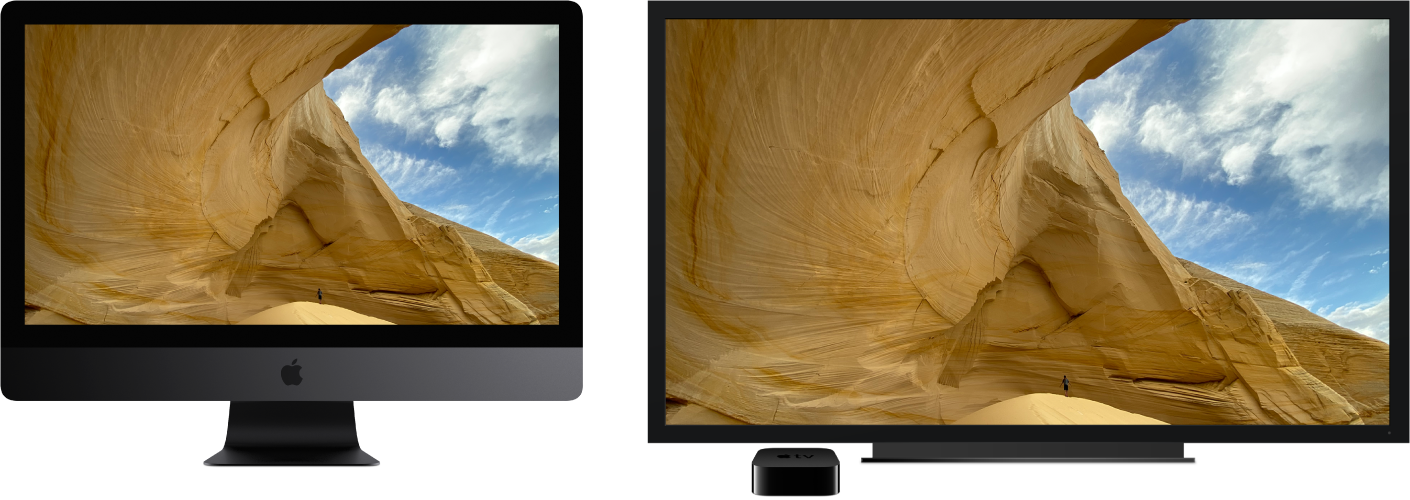 Ein iMac Pro, dessen Inhalt auf einem großen HDTV-Gerät über ein Apple TV gespiegelt wird