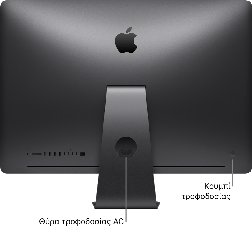 Πίσω όψη ενός iMac Pro όπου φαίνεται η θύρα τροφοδοσίας AC και το κουμπί τροφοδοσίας.