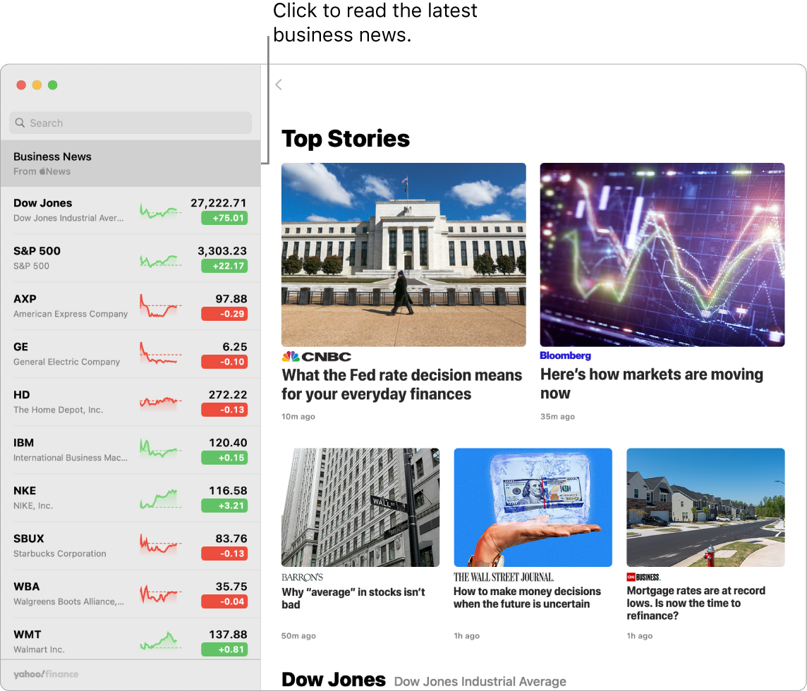 The Stocks dashboard showing market prices in a watchlist with accompanying Top Stories.