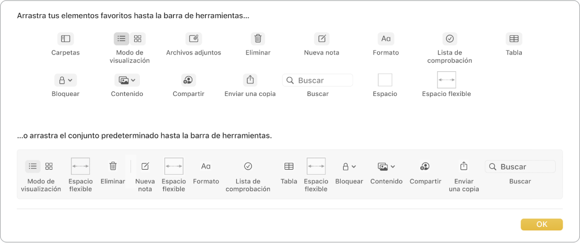 Una ventana de Notas mostrando las opciones disponibles para personalizar la barra de herramientas.