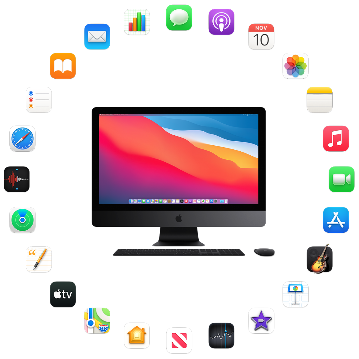 Una iMac Pro rodeada de los íconos de las apps integradas y que se describen en las siguientes secciones.